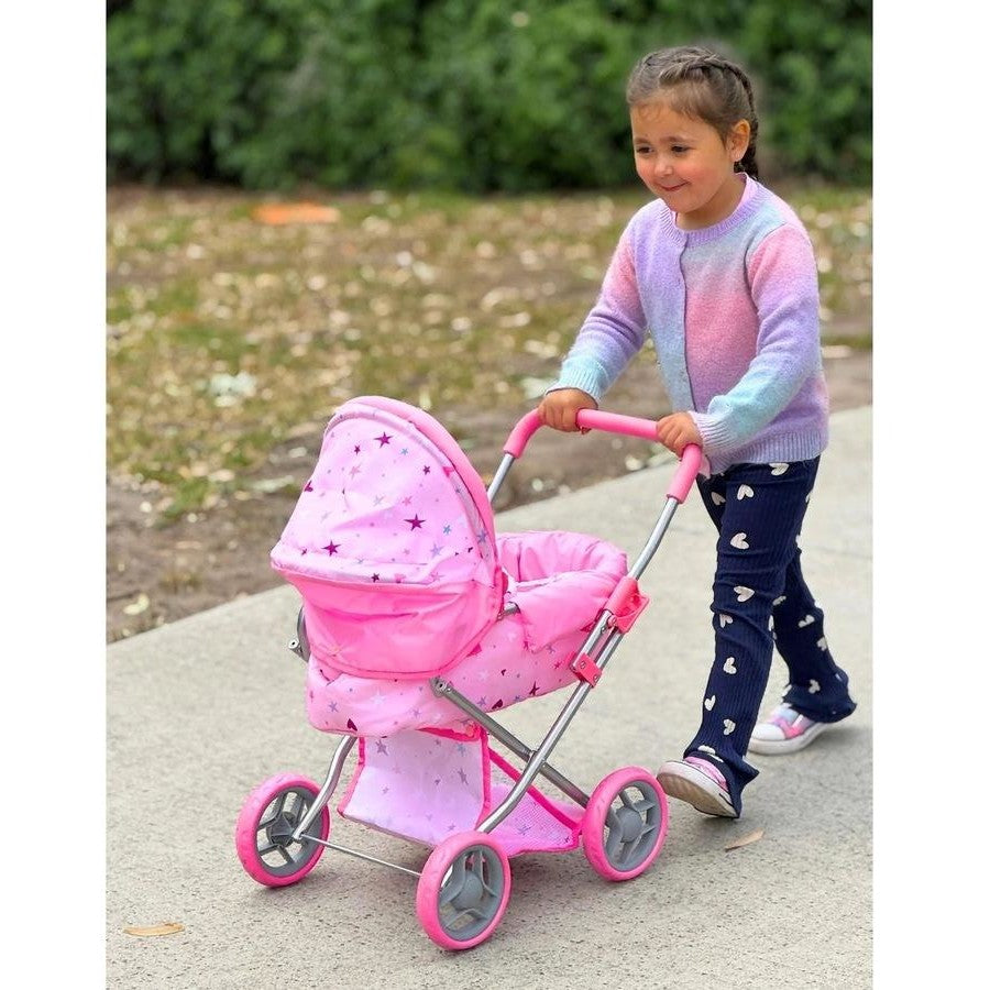 PW DOLL PRAM MEDIUM PINK W STARS