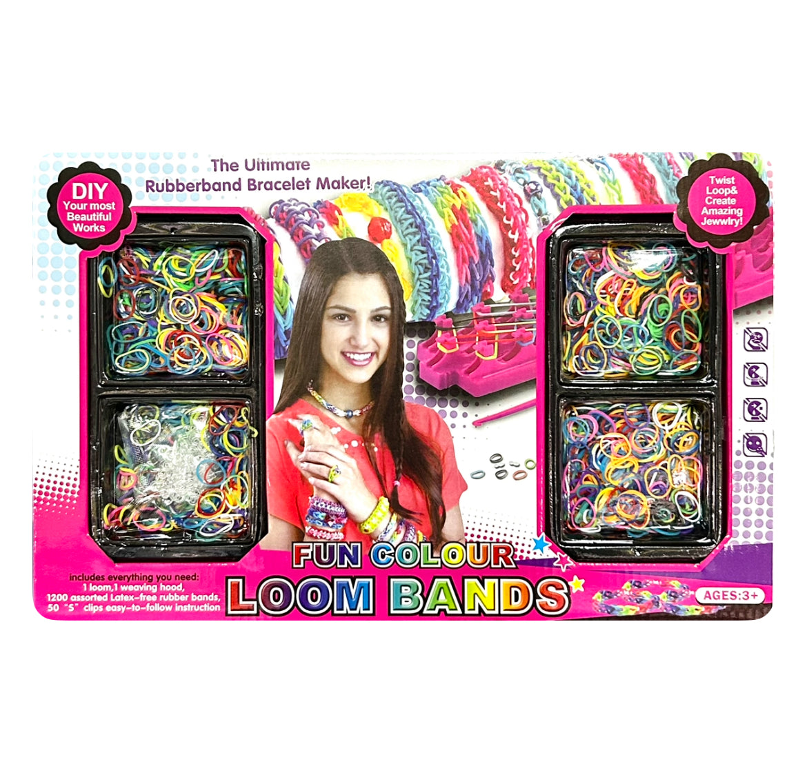 FUN COLOR LOOM BANDS 1600PC W 2 KNITTING