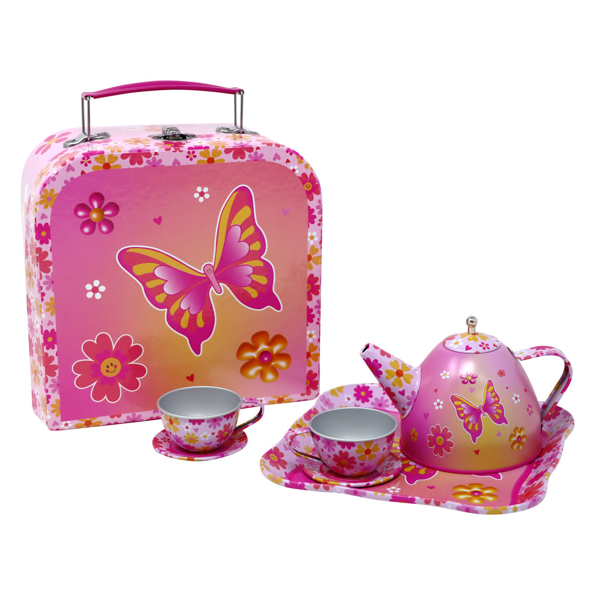TIN TEA SET 7PC VIBRANT BUTTERFLY P/POP