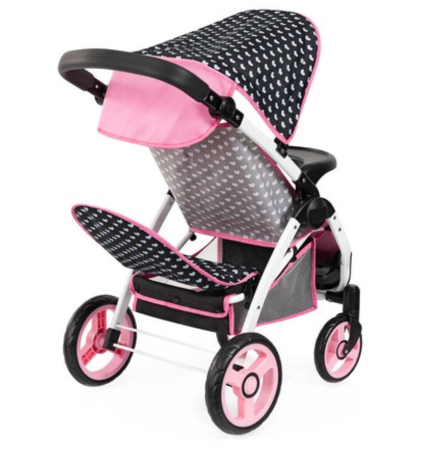 BAYER DOLL PRAM TWIN STAR PINK/BLK P/BOW