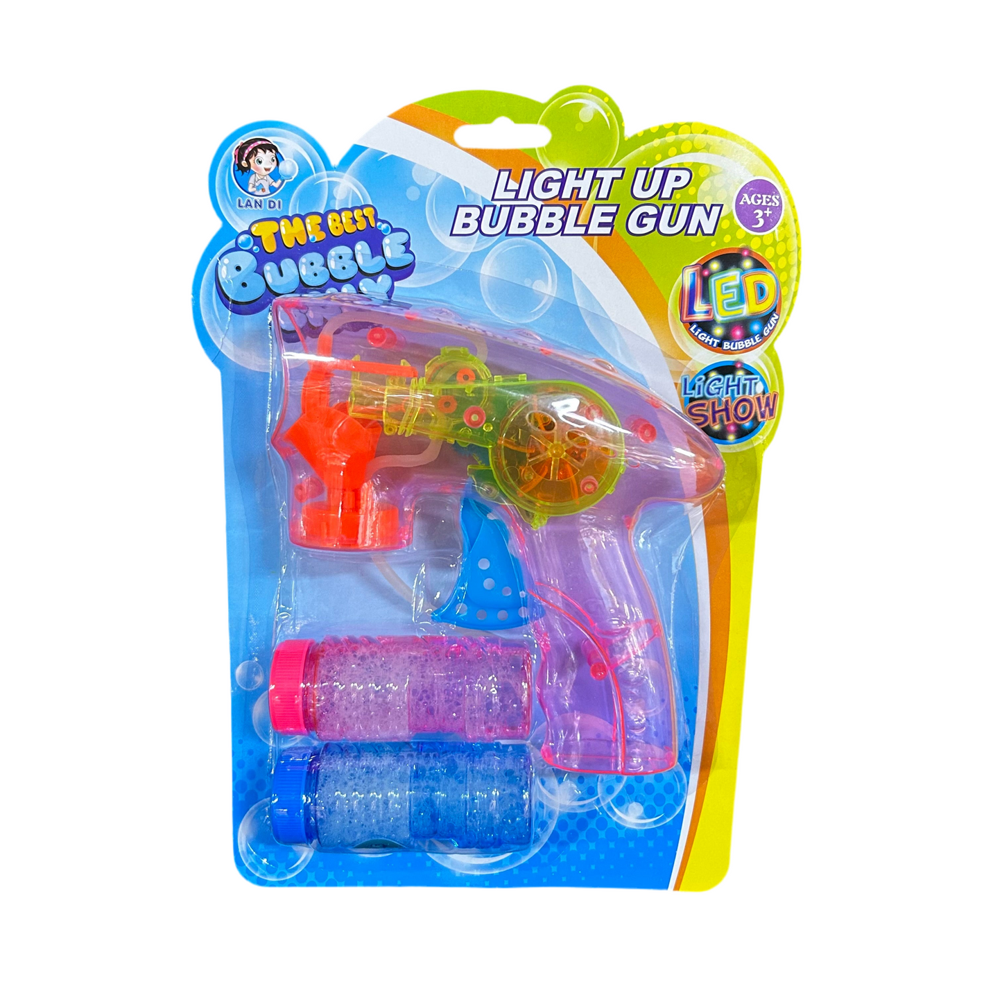 BUBBLE GUN LIGHT UP W 2PK SOLUTION