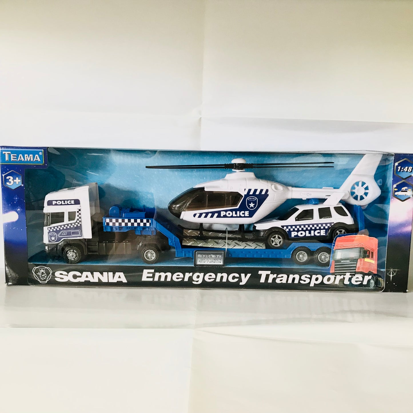 FLATBED TRUCK W EMERGENCY SERVICE HELICO