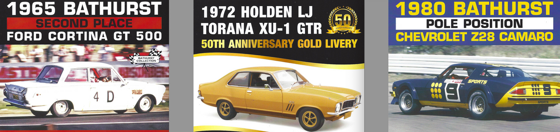 CHEVROLET Z28 CAMARO 1980 BATHURST POLE POSITION CAR - 1972 HOLDEN LJ TORANA XU-1 GTR 50TH ANNIVERSARY GOLD LIVERY - FORD CORTINA GT 500 1965 BATHURST SECOND PLACE CAR