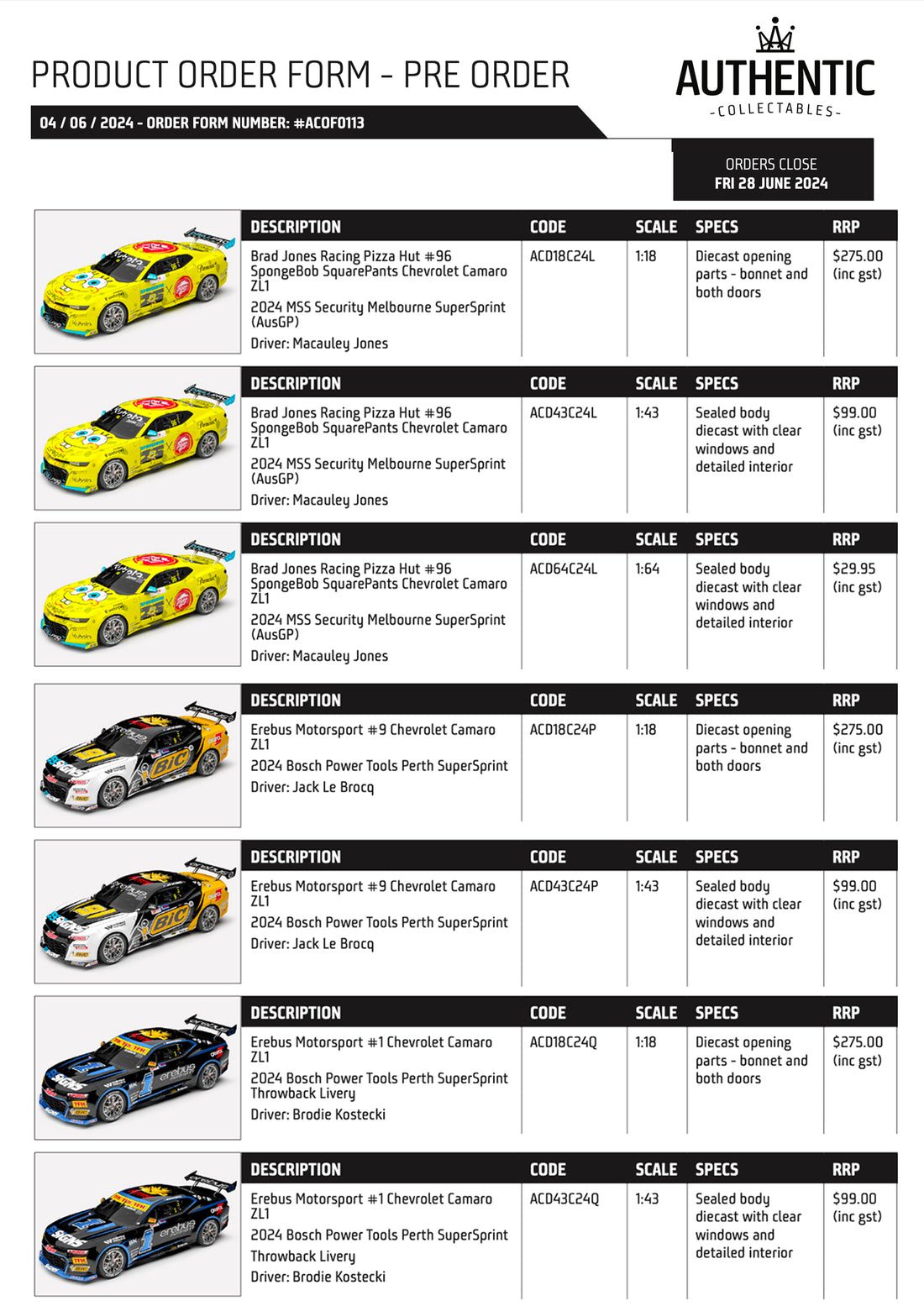 Range 2  2024 Repco Supercars Championship cars - BJR Spongebob Squarepants, Erebus Perth Camaros and Penrite NZ Native Livery Mustangs.