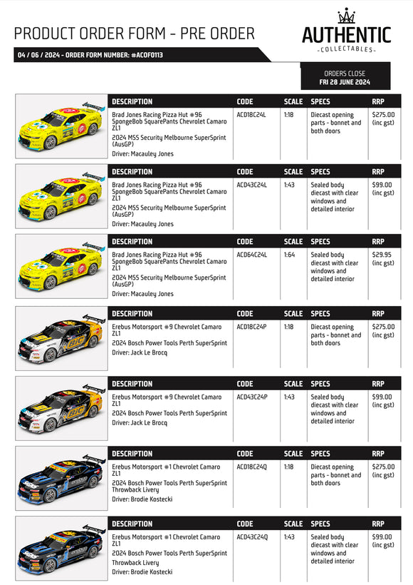 Range 2  2024 Repco Supercars Championship cars - BJR Spongebob Squarepants, Erebus Perth Camaros and Penrite NZ Native Livery Mustangs.