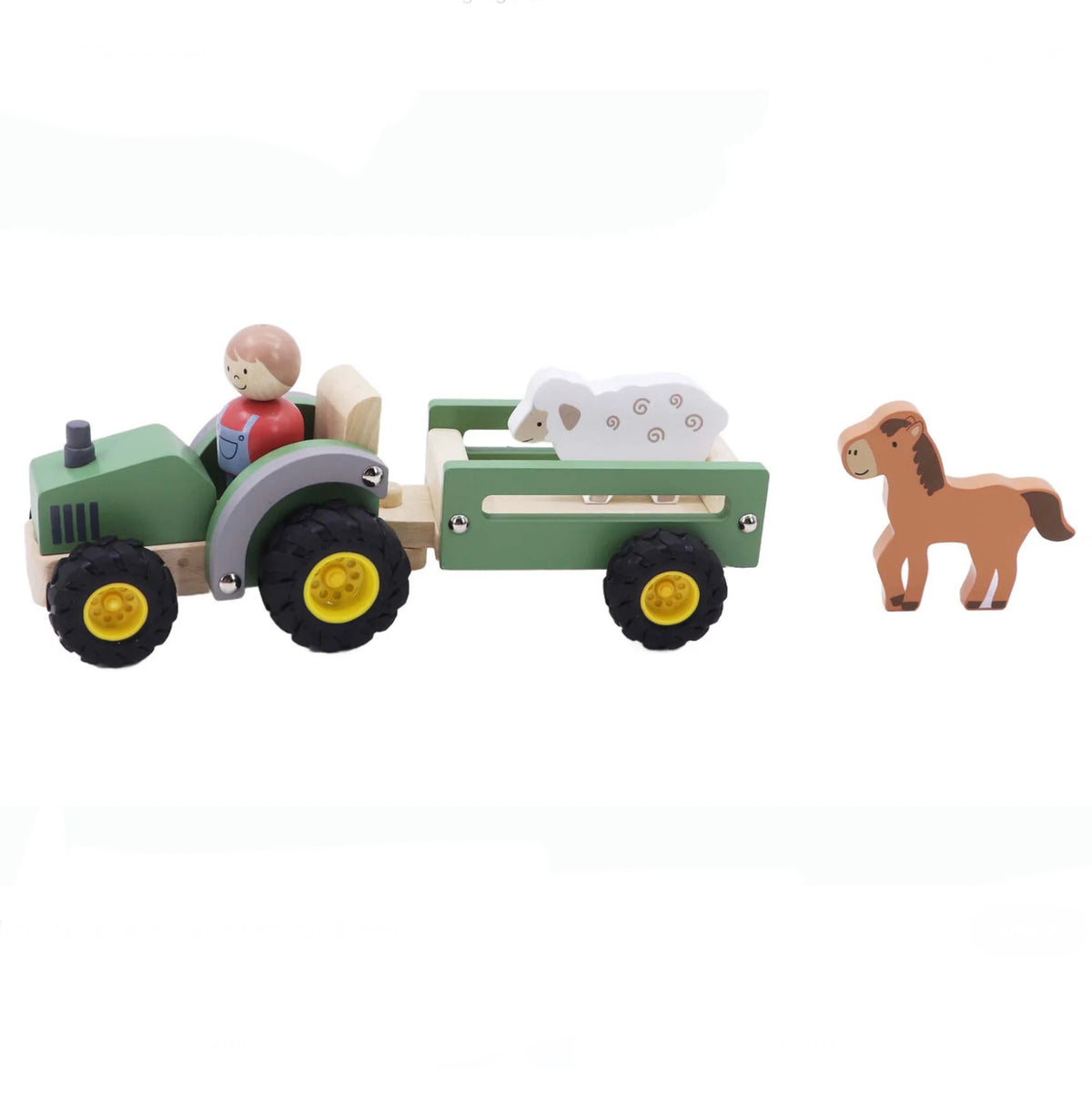 WOODEN TRACTOR W FARM ANIMAL GREEN