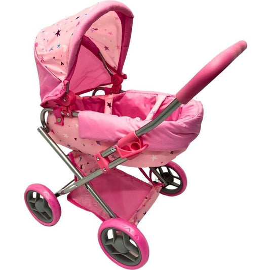 PW DOLL PRAM MEDIUM PINK W STARS