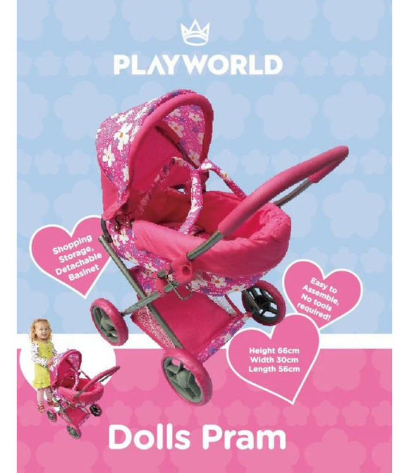 DOLL PRAM PINK W FLOWERS MEDIUM