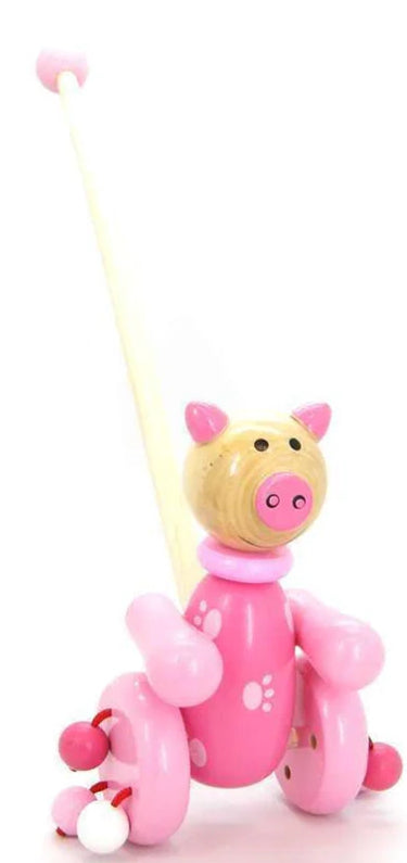 WOODEN ANIMAL PUSH ALONG PIG NEW