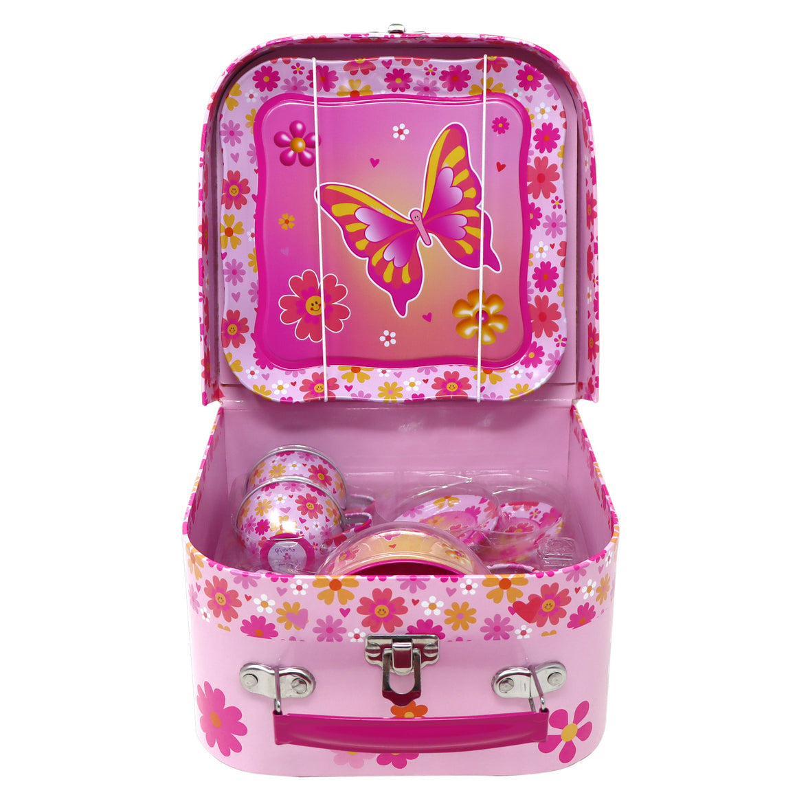 TIN TEA SET 7PC VIBRANT BUTTERFLY P/POP