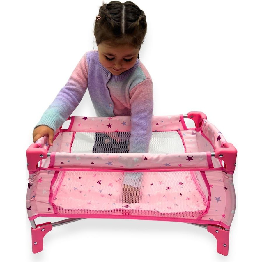 PW DOLL TRAVEL COT PINK W STARS/HEARTS
