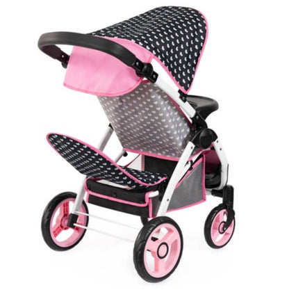 BAYER DOLL PRAM TWIN STAR PINK/BLK P/BOW