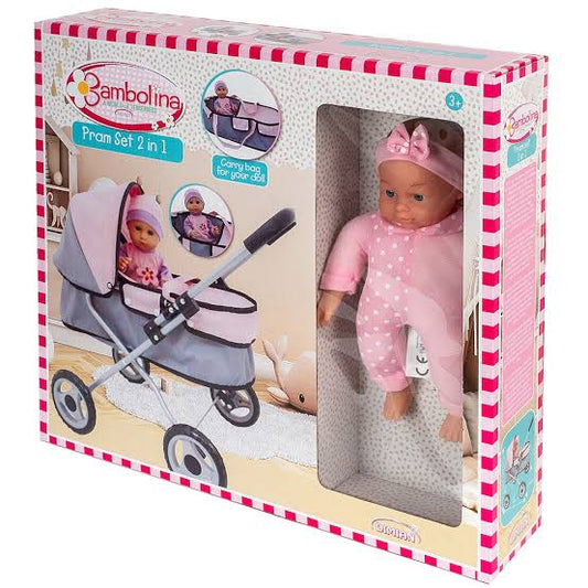 BAMBOLINA DOLL AND PRAM 2 IN 1 SET