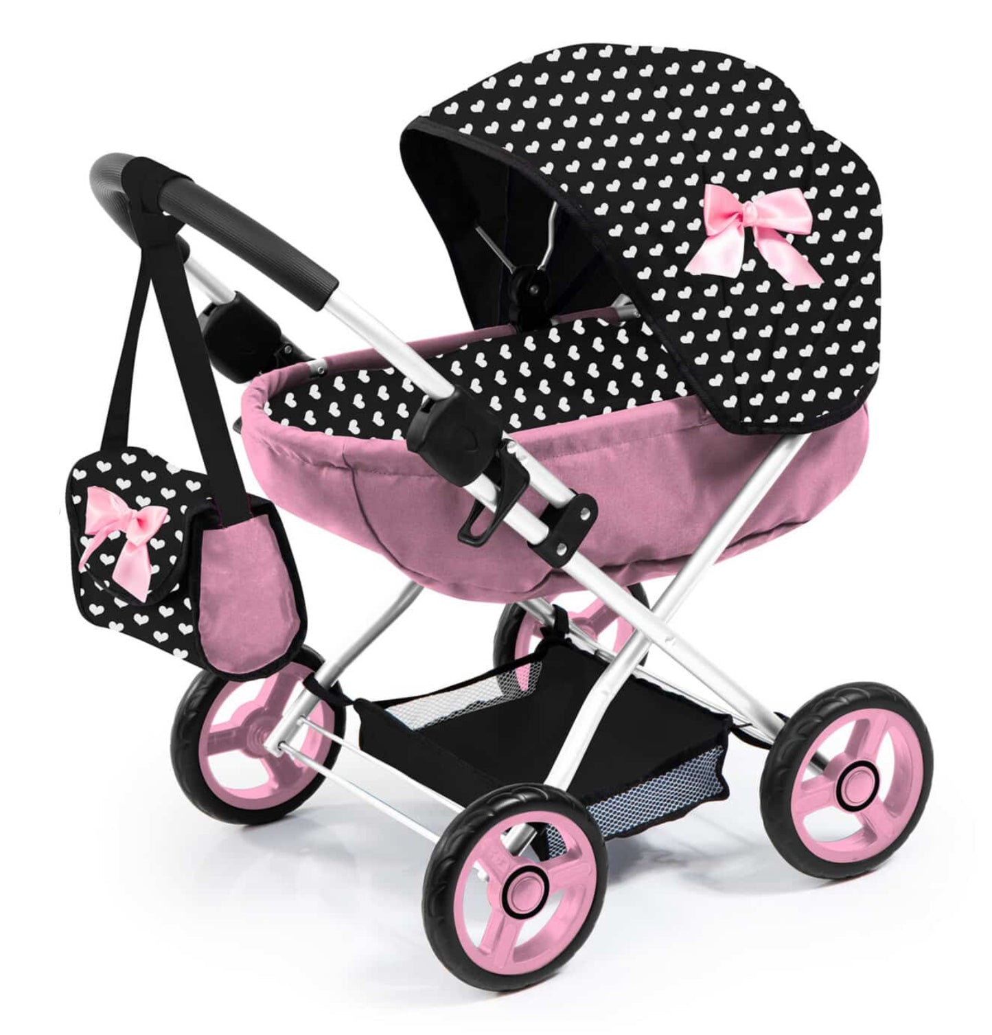 BAYER DOLL PRAM COSY PNK/BLK P/BOW