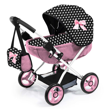 BAYER DOLL PRAM COSY PNK/BLK P/BOW