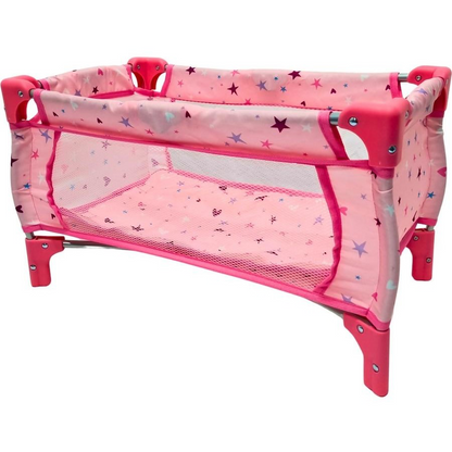 PW DOLL TRAVEL COT PINK W STARS/HEARTS