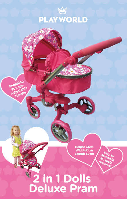 DOLL PRAM PINK W FLOWERS DLX 2 IN 1 PRAM