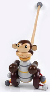 WOODEN ANIMAL PUSH ALONG MONKEY NEW