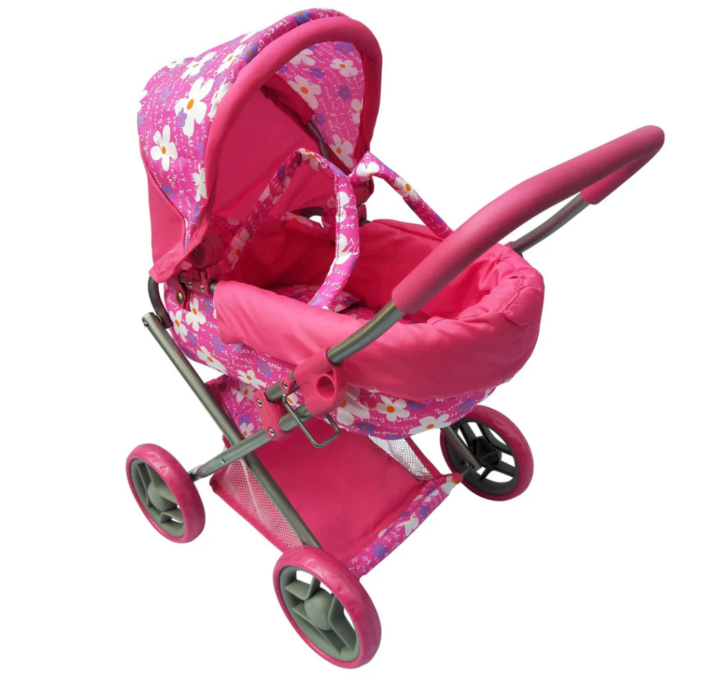 DOLL PRAM PINK W FLOWERS MEDIUM