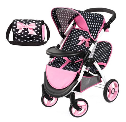 BAYER DOLL PRAM TWIN STAR PINK/BLK P/BOW
