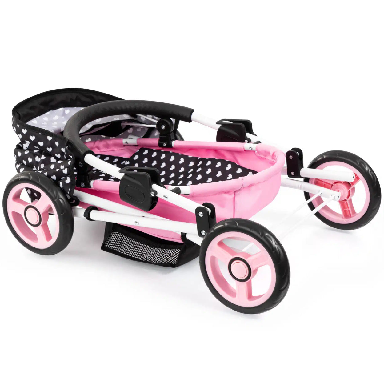 BAYER DOLL PRAM COSY PNK/BLK P/BOW