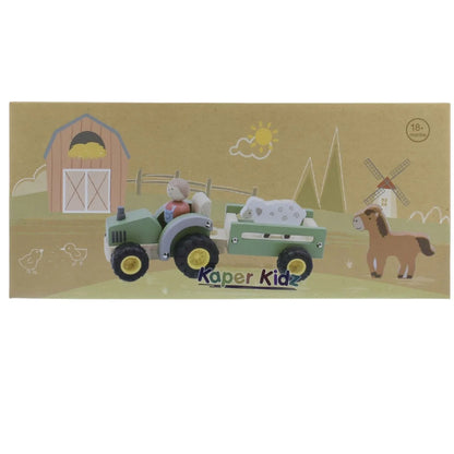 WOODEN TRACTOR W FARM ANIMAL GREEN