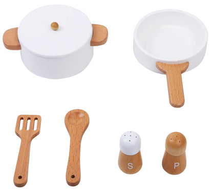 WOODEN PLAY KITCHEN W COOKWARE