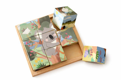 WOODEN CUBE PUZZLE BUSH BUDDIES 9 PCS