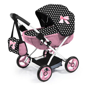 BAYER TRENDY DOLL PRAM PNK/BLK HOOD BOW