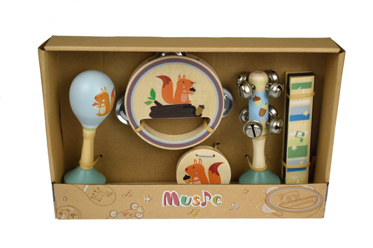 WOODEN 5PC MUSICAL SET SQUIRREL