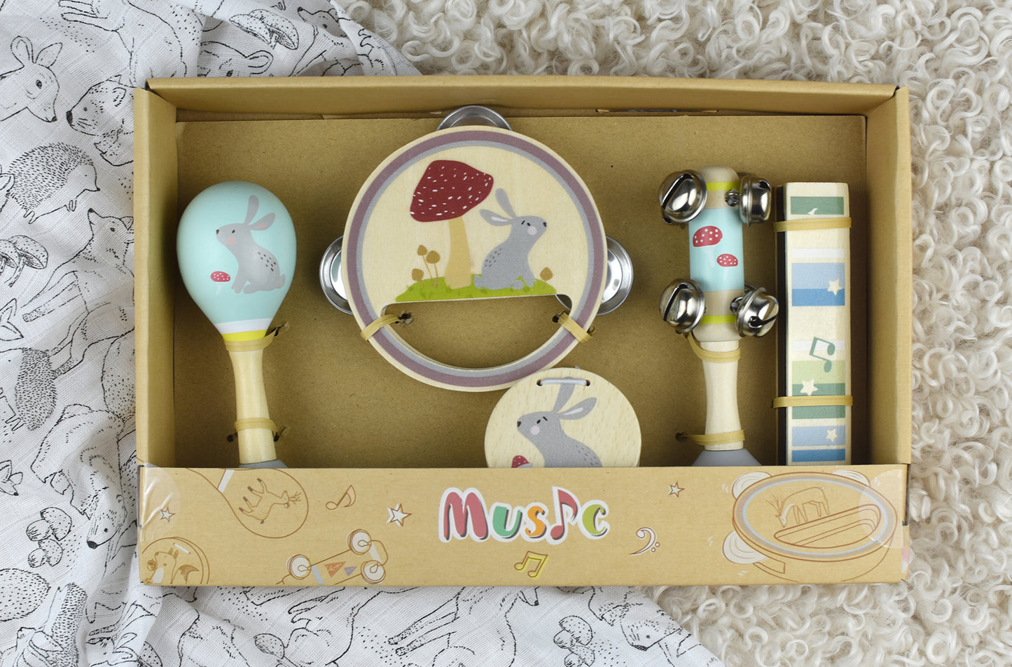 WOODEN 5PC MUSICAL SET RABBIT