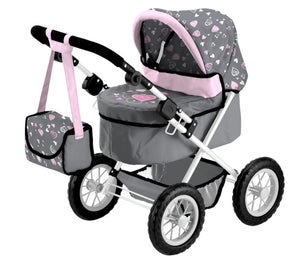 BAYER TRENDY DOLL PRAM GREY/PINK HEARTS