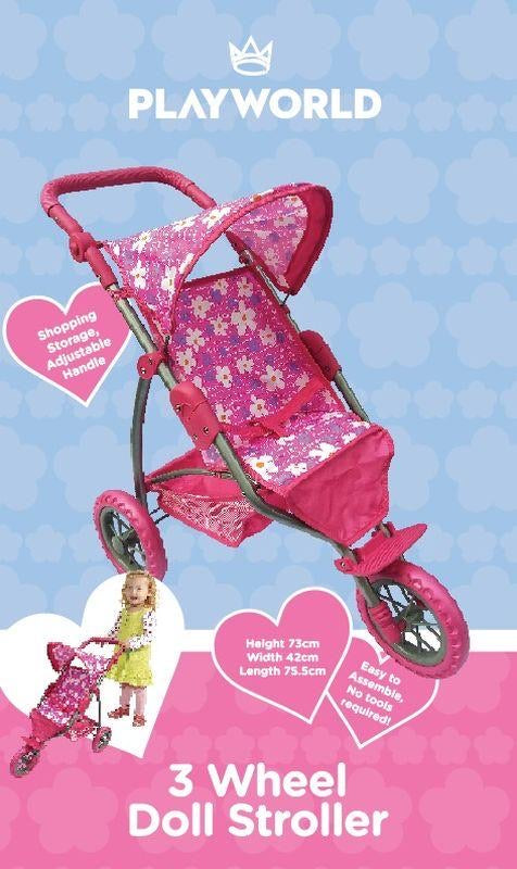 DOLL STROLLER 3 WHEEL PINK W FLOWERS