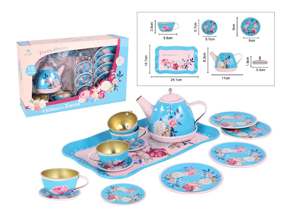 TEA SET 15PC TIN BLUE & PINK FLORAL