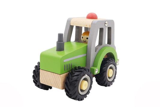 WOODEN TRACTOR W RUBBER WHEELS GREEN