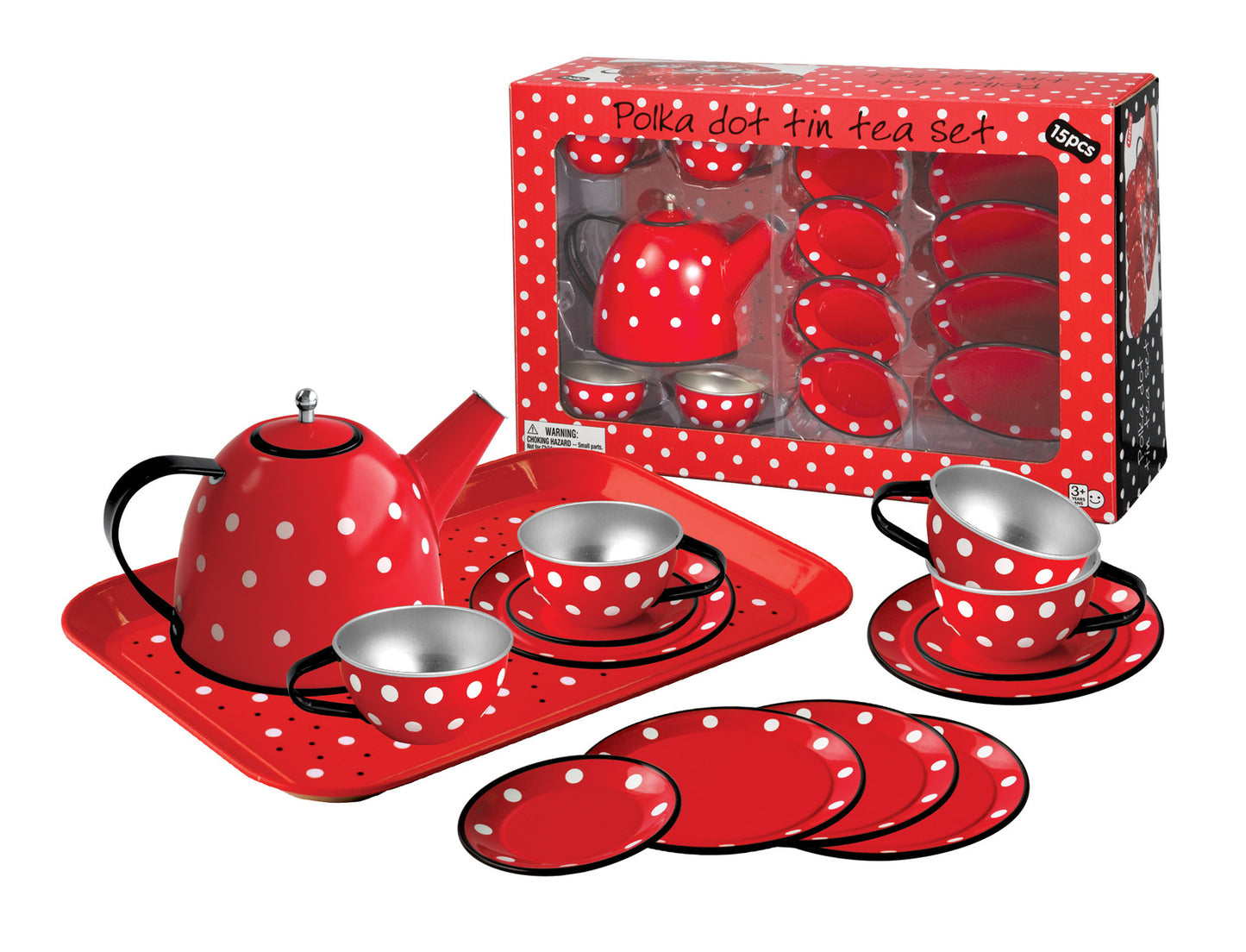 Tea Set Tin 15 Pc Red Polka Dot Blk Trim